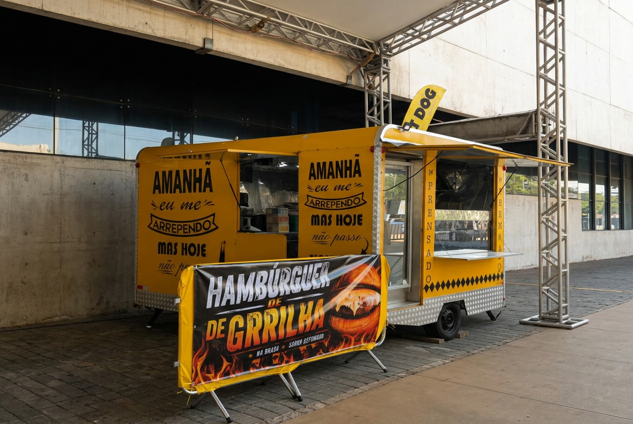 Food truck amarelo da Beni Hot Dog montado em evento